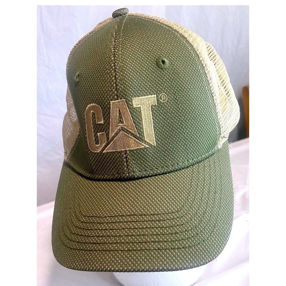 CAT Caterpillar Mens Trucker Hat Olive Green Tan Mesh Back Adjustable Cap Logo